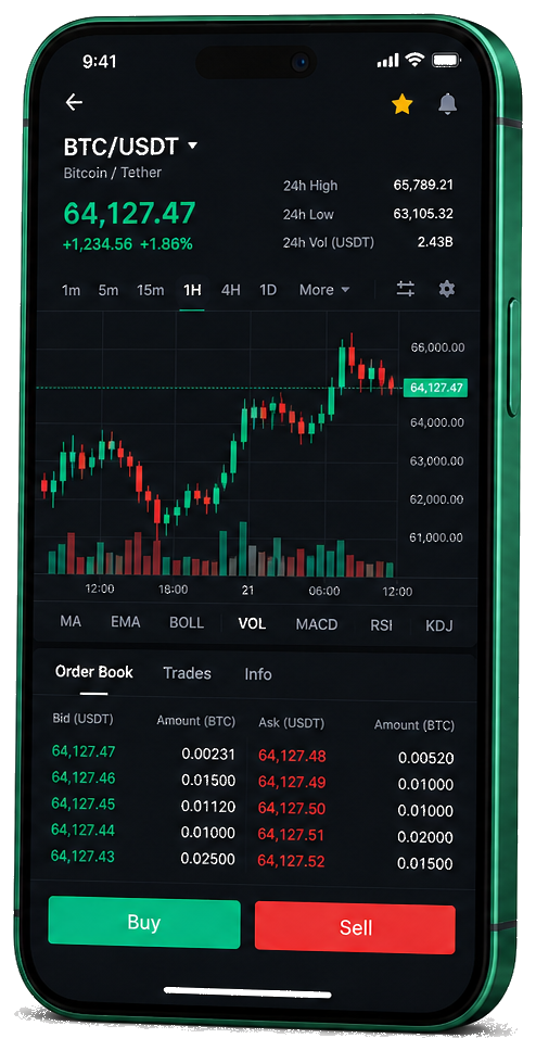Interface mobile de trading Zyroneth Vector — cours BTC/USDT en direct, carnet d’ordres et outils de surveillance des opérations